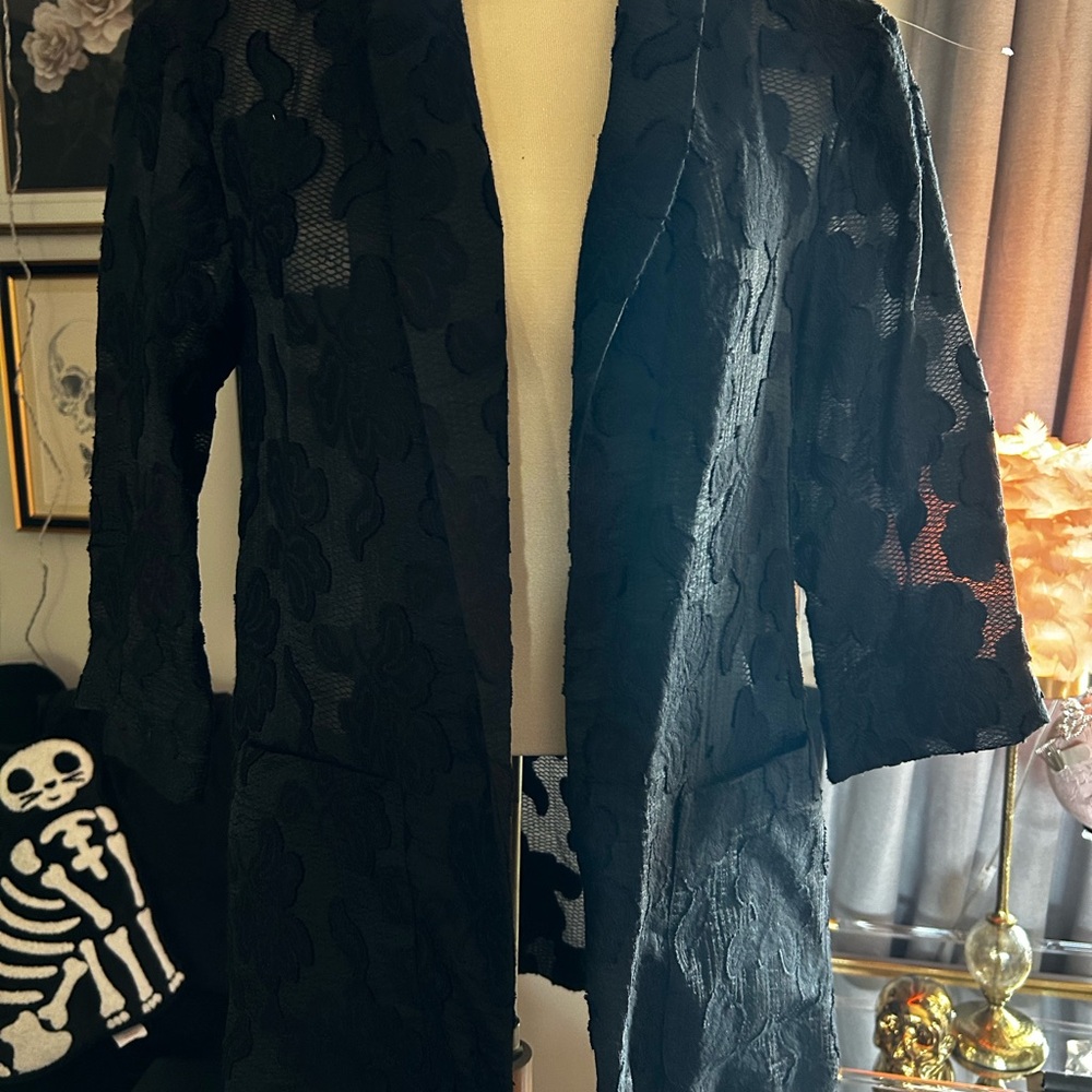 Topshop Black Blazer Sheer with Rose Print